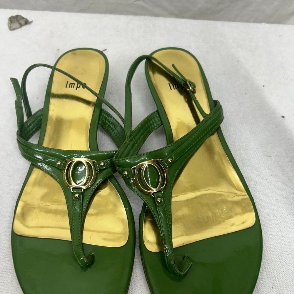 Impo Rollie Green Patent Slingback Thong Sandals Gold Hardware Size 10M